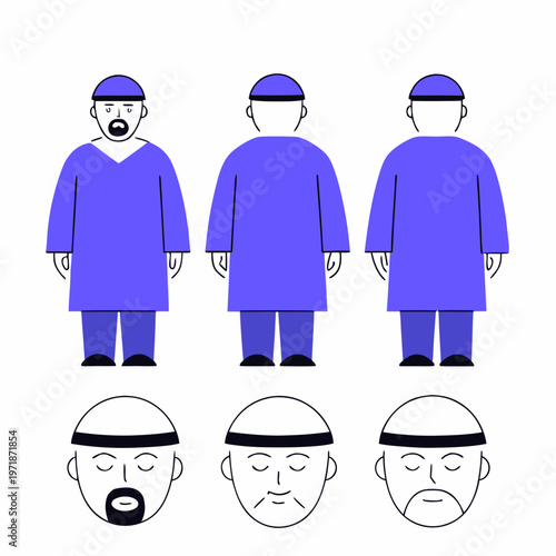 Cartoon Senior Arabic Muslim Man Wearing Thobe, Front, Side and Back view with Multiple Races and Ethnicities, lip-Syncing, Expressions and Movable joints Vector Illustration See Less