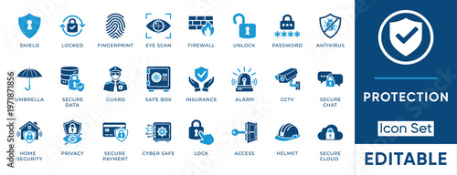Protection icon set. Containing shield, fingerprint, firewall, password, antivirus, secure data, safe box, privacy and more. Solid vector icons collection.