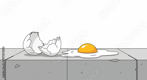 An illustration of a cracked egg with yolk spilling out on a gray concrete surface against a white background.