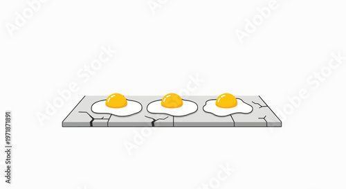 Three fried eggs on a cracked marble surface with runny yolks against a plain white background.