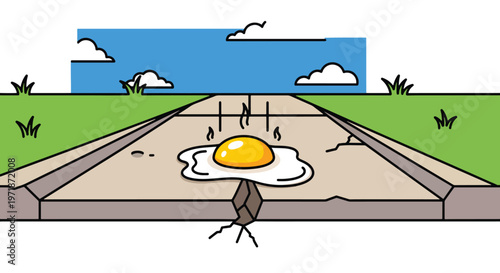 Cartoon illustration of a fried egg on a road with a cricket in front, green grass and blue sky with clouds in the background.