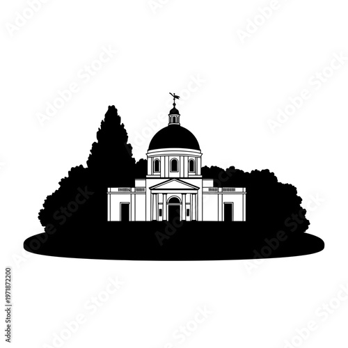 Iconic Architectural Silhouette: A distinguished architectural silhouette, showcasing an iconic domed building embraced by lush, dark foliage, embodying both grandeur and natural integration.