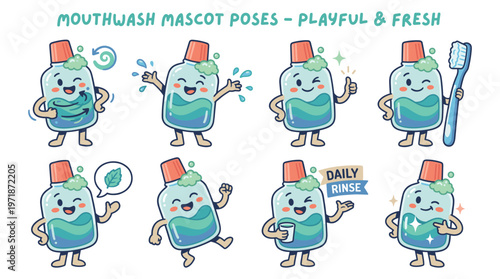 Playful and Fresh Mouthwash Character Set Poses A Collection for Dental Care and Healthcare Promotions