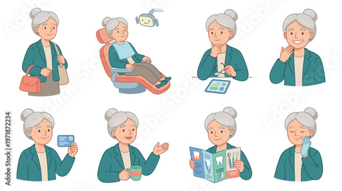 Character Set of Senior Woman Engaging in Dental Care, Healthcare, Medical Poses, and Daily Activities Collection
