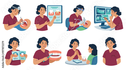 Healthcare Character Set Female Dentist Poses and Activities Collection for Comprehensive Dental Care and Medical Services