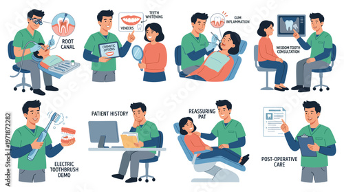 Vector Illustration Set of Dental Care Healthcare Activities and Medical Poses for Patients and Professionals