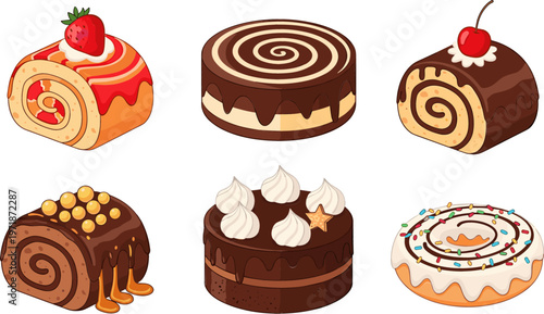 Chocolate Cake Roll Vector Set with Strawberry, Cream, and Caramel Toppings for Bakery, Dessert, and Confectionery Illustrations