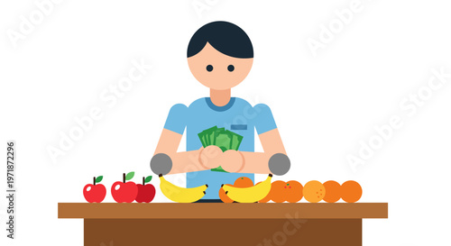 Boy preparing fresh fruit salad.
