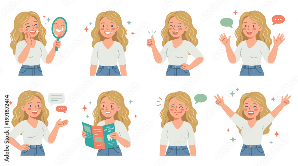 Fototapeta premium Versatile Female Character Set Depicting Various Poses, Positive Activities, and Emotional Expressions for Personal Well-being and Care