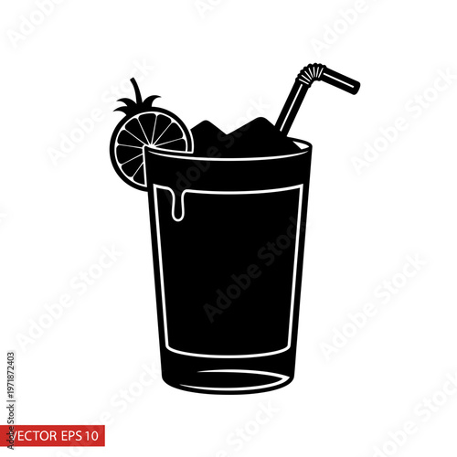 Refreshing Citrus Drink: A sleek, monochrome illustration showcases a tall glass filled with a refreshing beverage, adorned with a citrus slice and a stylish straw.