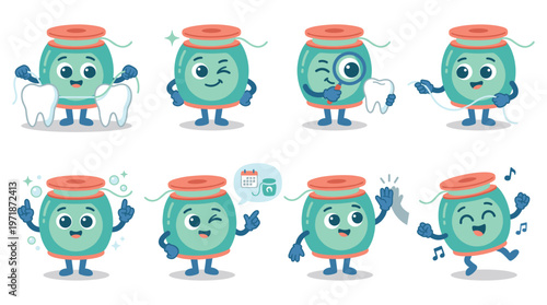 Cheerful Dental Floss Characters Collection with Medical Healthcare Poses and Oral Hygiene Activities