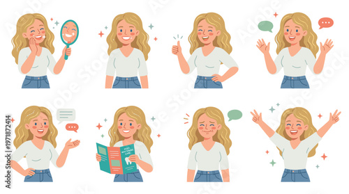 Versatile Female Character Set Depicting Various Poses, Positive Activities, and Emotional Expressions for Personal Well-being and Care