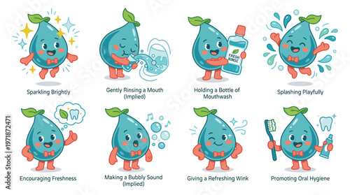 Adorable dental care character set illustrating healthcare routines and medical activities, a collection of oral hygiene poses