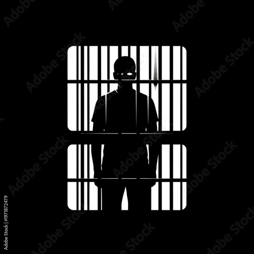 Silhouette Behind Bars: A stark, high-contrast image of a person silhouetted behind the cold, unforgiving bars of a prison cell, a powerful metaphor for confinement and societal issues. 