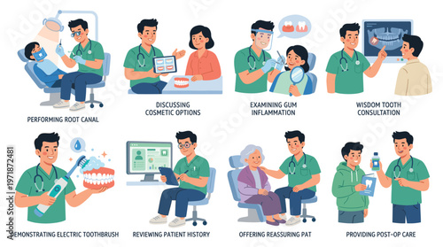 Collection of Dental Care, Healthcare, and Medical Character Poses and Activities Illustrations