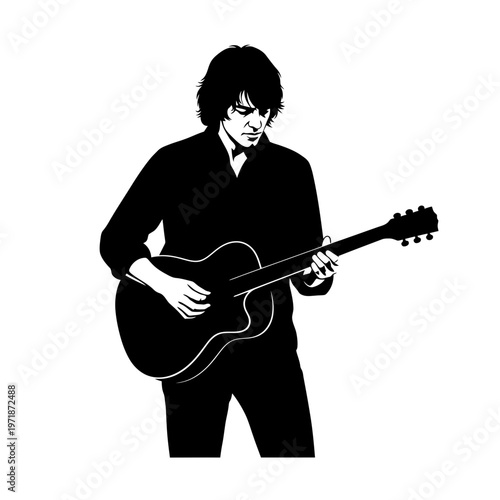 Musical Serenade: A musician lost in the rhythm, strums a resonant guitar, his passion emanating with every chord. A captivating monochrome study of music and devotion.