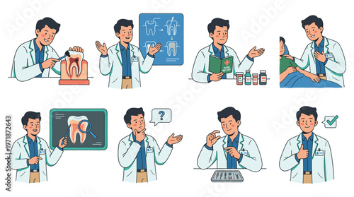 Diverse Character Set Illustrating Dental Care and Healthcare Medical Poses and Activities Collection