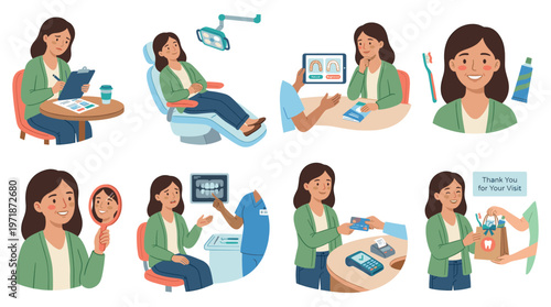 Female Character Poses Detailing Dental Healthcare Experiences and Medical Activities Collection