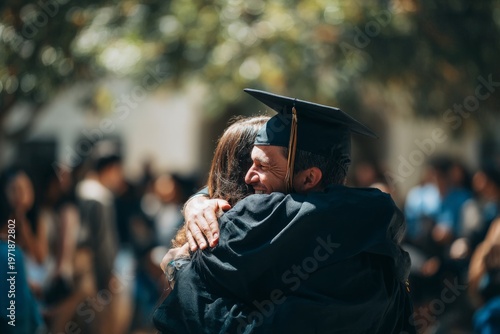 Graduate person hugging while celebrating academic achievement
