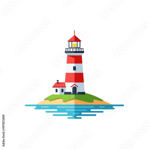 Coastal Beacon: A majestic lighthouse, with its striking red and white stripes, stands tall on a serene island, its guiding light a symbol of hope and navigation. 