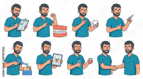 Character Set Dental Care Healthcare Medical Poses And Activities Collections Dentist's Daily Routine and Procedures