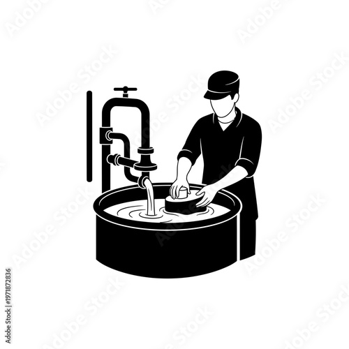 Artisan at Work: An artisan meticulously washes and cleans a stone or object in a basin of water, showcasing the craftsmanship and care involved in a specific trade.