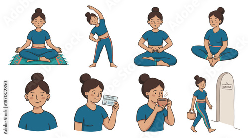 Collection of diverse female poses and daily activities promoting health and well-being for a balanced lifestyle