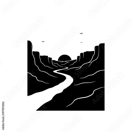 Desert Canyon Silhouette: A minimalist depiction captures the raw grandeur of a desert canyon, the setting sun casting long shadows over the winding river.