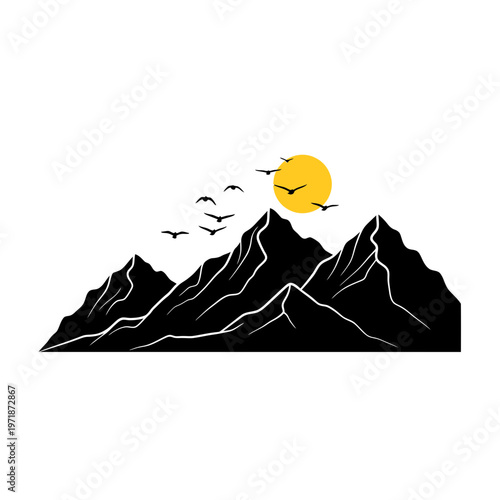 Majestic Mountain Silhouette: A striking black silhouette of rugged mountains, with the golden sun rising above and a flock of birds taking flight.