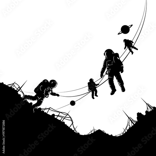 Astronauts' Cosmic Journey: A silhouette composition shows intrepid astronauts on an interstellar expedition, charting a course through the cosmos and exploring the unknown frontiers.