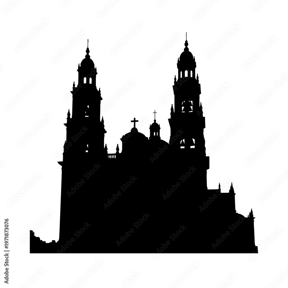 Naklejka premium Architectural Silhouette: A dramatic silhouette of a grand cathedral, showcasing intricate architectural detail. This image evokes a sense of history, grandeur, and spiritual significance.