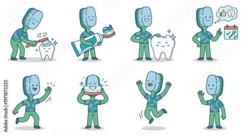 Cute Toothbrush Character Set Demonstrating Dental Care, Oral Hygiene, and Healthy Lifestyle Poses