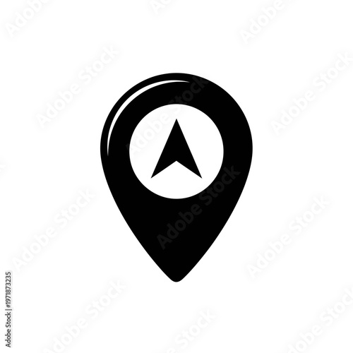 Map Marker Navigator: A modern, minimalist icon depicts a black location pin with a central arrow, subtly hinting at direction and pinpointing a specific destination.