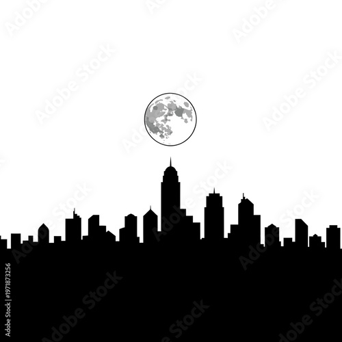 Cityscape Silhouette Under the Moon: A minimalist portrayal of a city skyline, its silhouette sharply defined against a backdrop, with a full moon adding an ethereal touch to the urban landscape.