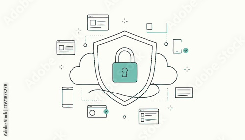 Digital Security Shield with Padlock Protecting Cloud Data.