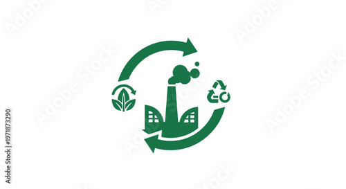 Green factory with recycling symbol and arrows representing sustainability.