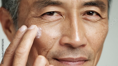 Mature asian man applying moisturizing face cream