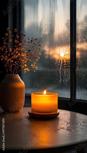 Cozy Warm Candlelight and Dried Flowers by a Rainy Window at Sunset, Serene Hygge Atmosphere for Relaxation and Wellness