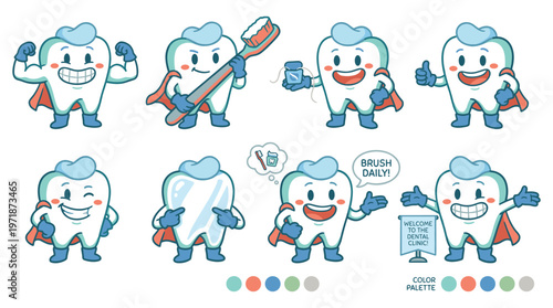 Friendly Tooth Character Set Illustrating Dental Care and Oral Healthcare with Various Medical Poses and Engaging Activities Collection