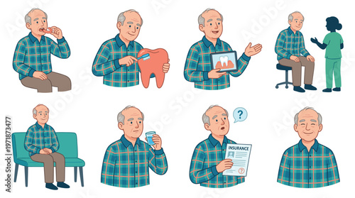 Elderly man character set showing dental care, healthcare, and medical poses and activities