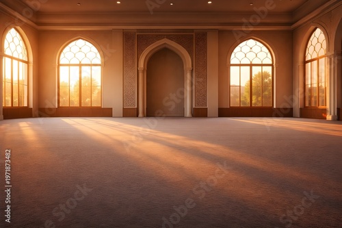 Interior of a Grand Empty Mosque with Sunlight Streaming Through Arched Windows at Sunset, Islamic Architecture with Elegant Carpet and Arabic Patterns, Peaceful Prayer Hall Background