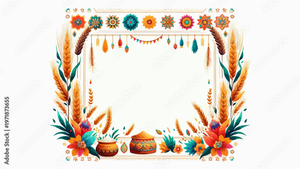 Fototapeta premium Festive Floral Frame: A beautifully crafted frame adorned with vibrant flowers, leaves, and intricate decorative elements. Perfect for adding a touch of elegance and celebration to any design.