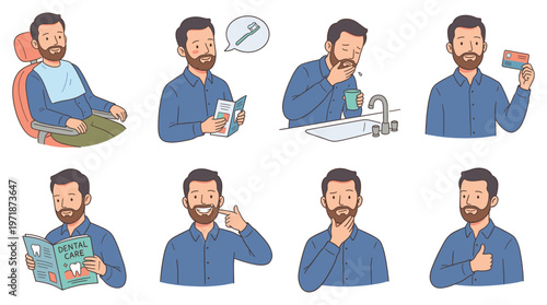 Character Set Illustrating Dental Care and Healthcare Activities Collection Man's Oral Hygiene Poses