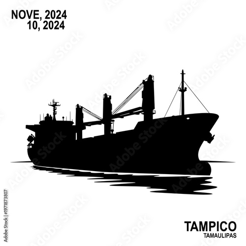 Cargo Ship Silhouette: A sleek, dark silhouette of a cargo ship is depicted, gracefully navigating calm waters, suggesting trade and transport.