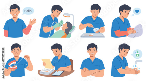 Dentist character set illustrating diverse dental care and healthcare medical activities collection