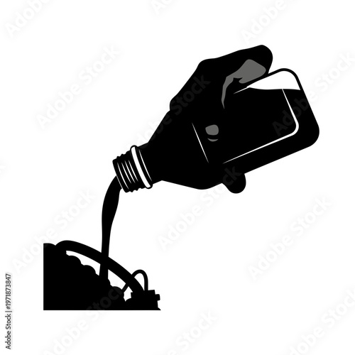 Oil Pouring into Machine: A detailed, monochromatic illustration showcases a hand pouring oil into a machine, emphasizing maintenance and industrial processes. 