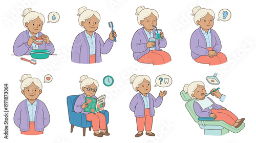 Elderly woman's daily self-care and dental hygiene routine illustrations, emphasizing health and well-being