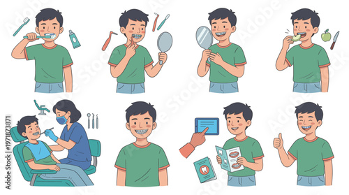 Comprehensive Dental Care Character Set Boy's Healthcare Journey with Hygiene Poses and Activities Collection