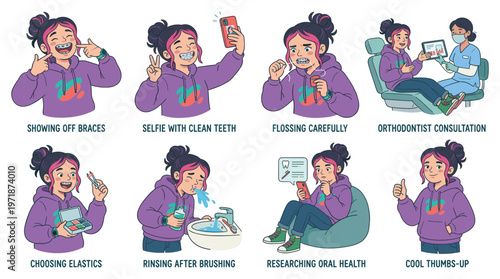 Illustrative Character Set Dental Care Journey, Healthcare, Medical Poses, and Activities Collection for Braces Treatment