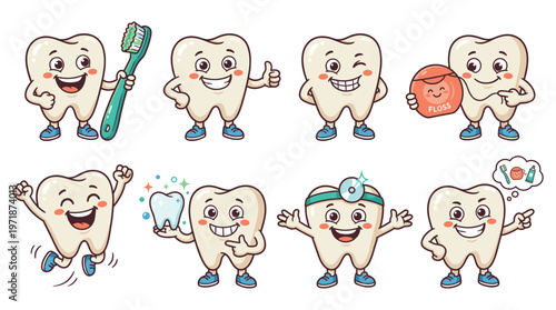 Whimsical Dental Care Character Set Illustrating Oral Healthcare Poses and Healthy Activities Collection